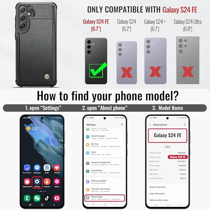 Vinich for Samsung Galaxy S24 FE Wallet Case with Card Holder, RFID Blocking Credit Slots Kickstand Shockproof Phone Cover for Women Men, Black