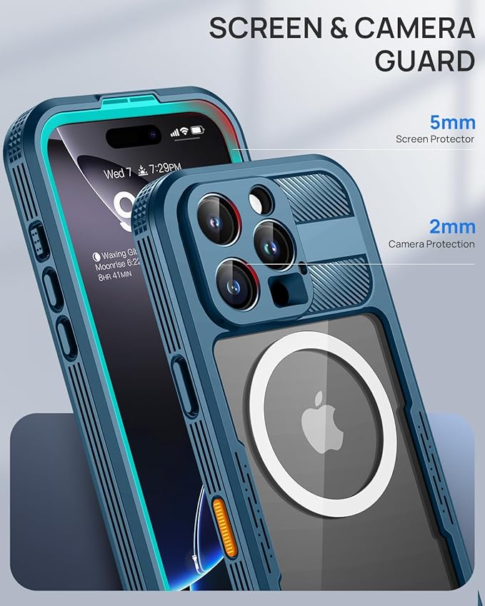 Lanhiem Magnetic for iPhone 16 Pro Case, IP68 Waterproof Dustproof Case, [Compatible with Magsafe] [Built-in Screen Protector] Full Body Heavy Duty Rugged Phone Cover 6.3 inch, Blue/Clear