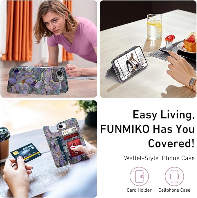 FUNMIKO for iPhone 16e Wallet Case with Card Holder, RFID-Blocking, Military-Grade Protection & UV-Printed Artwork, Magnetic Closure with Leather Kickstand - Dreamy Lotus