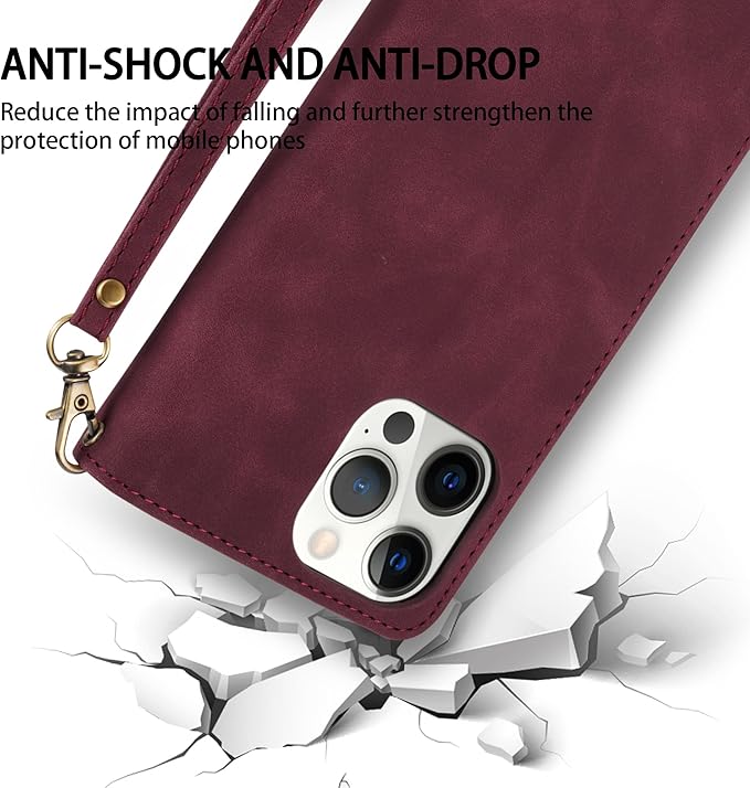ZZXX For iPhone 14 Pro Case Wallet With [RFID Blocking] Card Slot Premium Soft PU Leather Zipper Flip Folio With Wrist Strap Kickstand Protective Cover For iPhone 14 Pro Wallet Case(Wine Red-6.1 inch)