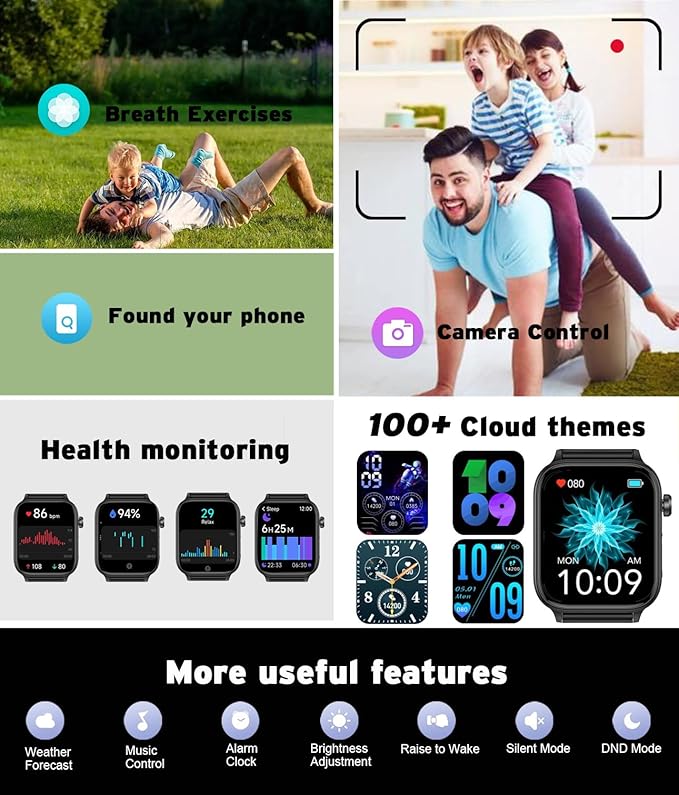 Men's Women's Smart Watch,1.96-inch HD Touchscreen Smartwatch,100+ Sports,Blood Pressure,Heart Rate,Blood Oxygen,Sleep Monitoring,IP68 Waterproof Fitness Tracker,Android iOS iPhone (Black)