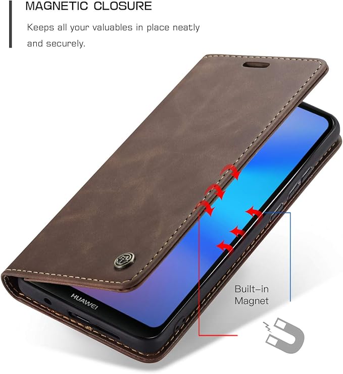 for Huawei P20 Lite Case, Flip Wallet Leather Case with Card Holder Magnetic Closure Shockproof Kickstand Protective Phone Cases Cover for Huawei P20 Lite,Coffee