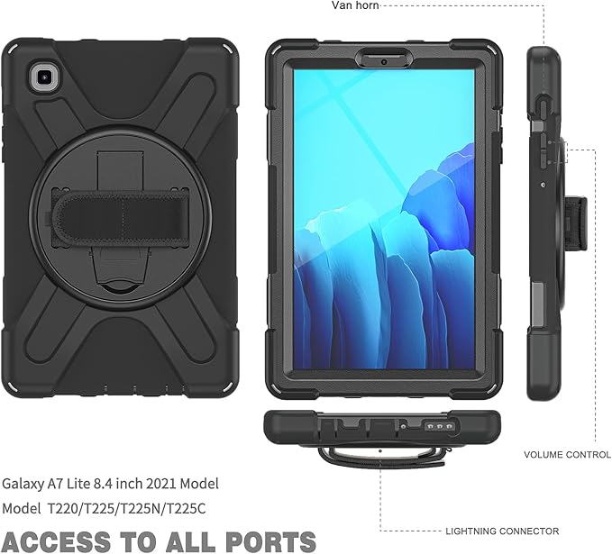 ZenRich Carrying Case for Samsung Galaxy Tab A7 Lite 2021 8.7'' SM-T220/T225/T227, Heavy Duty Rugged Full-Body Protective Case with [360 Rotating Stand] [Hand Strap][Shoulder Belt], Black