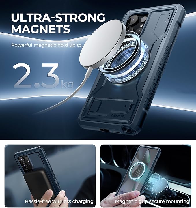 Dexnor Magnetic Case for Samsung Galaxy S24 Ultra Case, Compatible with Magsafe, 2 Front Frames & Built-in Screen Protector, Bumper Rugged Shockproof Full-Body Protective Cover with Kickstand,Navy