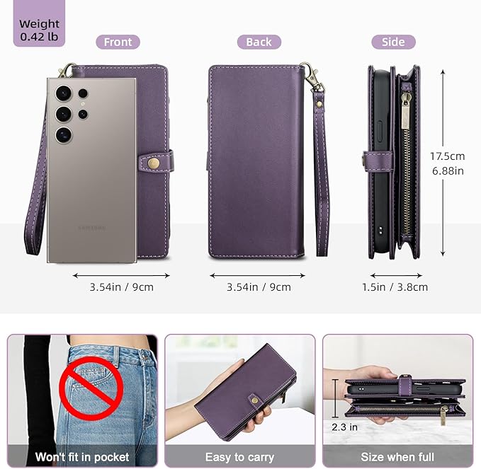 TwoHead for Samsung Galaxy S24 Ultra Wallet Case with Card Holder & Detachable Magnetic Phone Case for Galaxy S24 Ultra,PU Leather Shockproof Protective Phone Cover Wallet(6.8 in,Deep Purple)