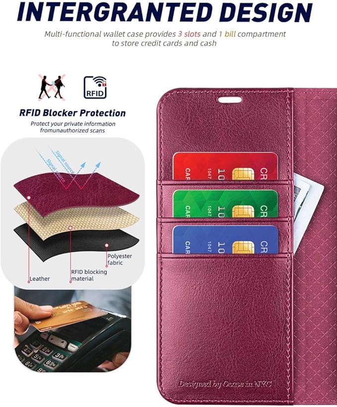 OCASE Compatible with Galaxy S24 5G Wallet Case, PU Leather Flip Folio Case with Card Holders RFID Blocking Kickstand [Shockproof TPU Inner Shell] Phone Cover (2024), Burgundy