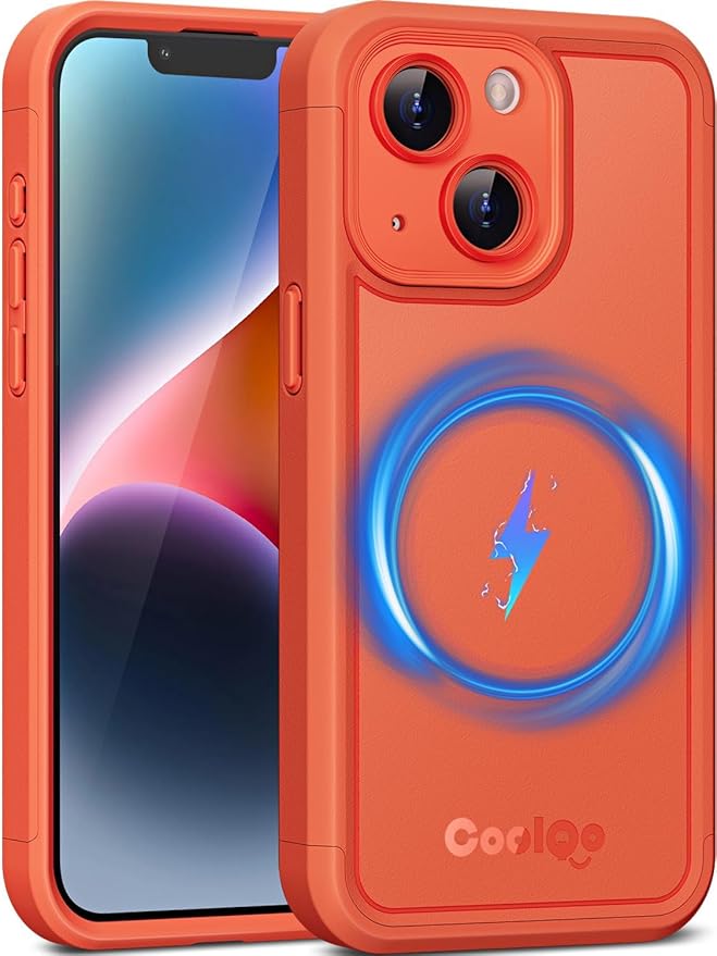 COOLQO Magnetic for iPhone 13 Case, Compatible with MagSafe, Dual Layer Design Military Grade Protection, Translucent Matte Scratch-Resistant Back Protective Shockproof Phone Case, Orange