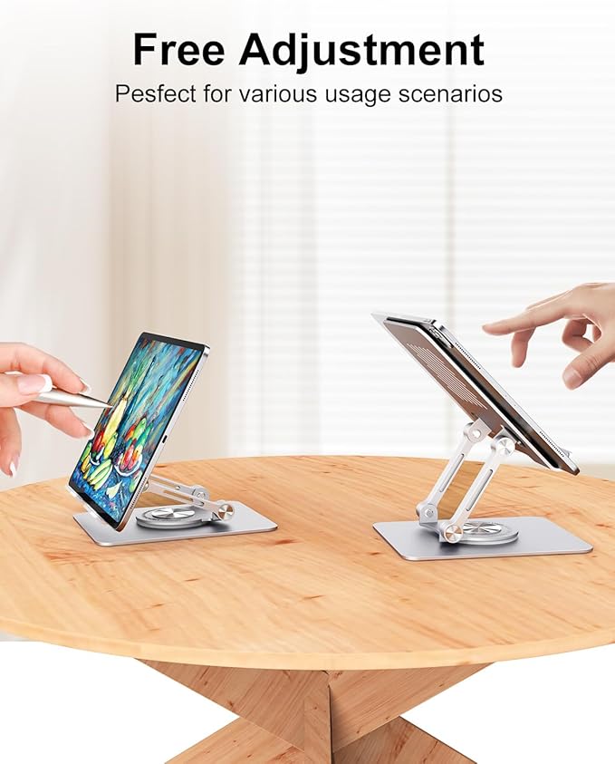 JUANWE Tablet Stand Holder with 360° Rotating Base, Adjustable Foldable iPad Stand, Aluminium Tablet Holder for Desk, Compatible with iPad Pro/Air//Mini, Switch, iPhone15 and More (4-13 inch)