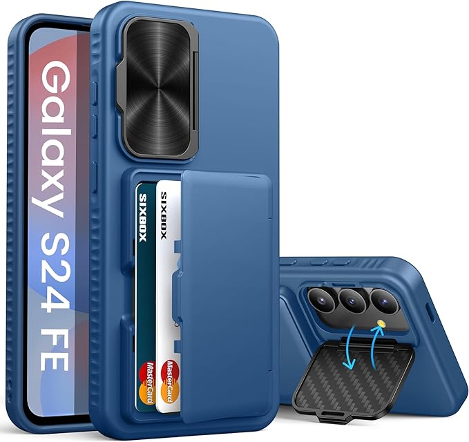 for Samsung Galaxy S24 Fe Case with Card Holder & Kickstand & Camera Lens Cover, Shockproof Rugged Silicone Raised Edge Protective Stand Wallet Phone Cover Case for Samsung S24 Fe 2024, Blue