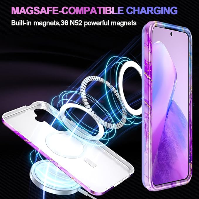 Casetego for Galaxy S24 FE Case,Compatible with MagSafe,[Military Grade Drop Test] Full Body Protection Slim Shockproof Rugged Marble Women Case for Samsung Galaxy S24 FE 6.7 inch,Bright Purple
