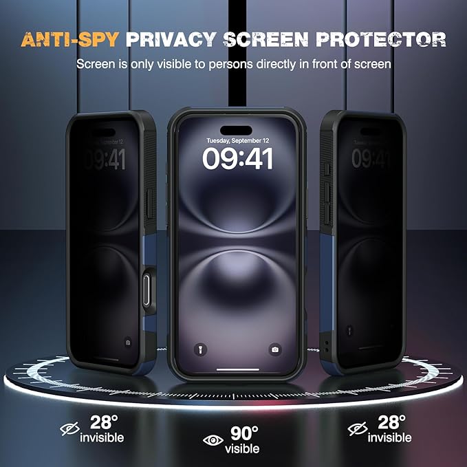 Diaclara Magnetic for iPhone 16 Plus Case, [with Privacy Screen Protector] [Anti Spy] [Military Grade Drop Protection] Heavy Duty Full-Body Shockproof Phone Case, Magnetic Blue