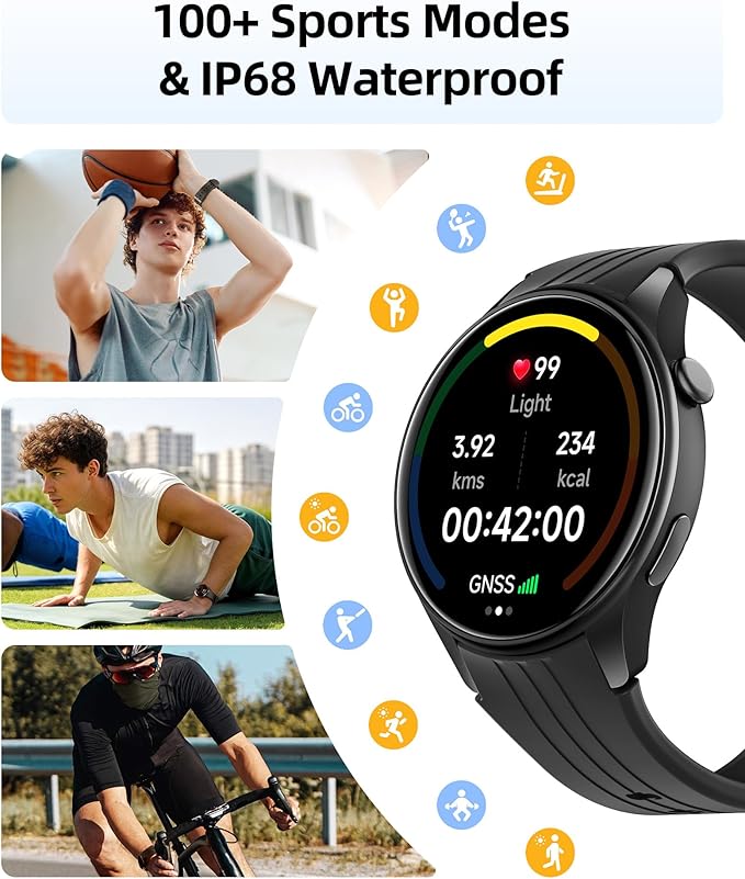 Parsonver Smart Watch for Men Women, Built-in GPS, Fitness Watch with Answer/Make Calls, 100+ Sport Modes, Heart Rate, Sleep Monitor, Pedometer, IP68 Waterproof, Smartwatch for Android & iPhone, Black