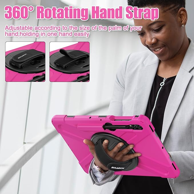 BRAECNstock for Samsung Galaxy Tab S10+ Plus/ S9 FE+ Plus/ S9+ Plus/ S8+ Plus/ S7 FE/ S7+ Plus 5G Tablet Case 12.4" Shockproof Protective Cover with Pen Holder Rotating Hand Strap & Stand - Rose Red