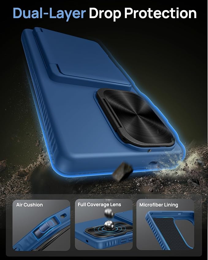 for Samsung Galaxy S25 Ultra Case with Card Holder, Built-in Stand & Camera Lens Cover, Shockproof Rugged Silicone Raised Edge Protective Wallet Phone Case for Samsung S25 Ultra 2025, Blue