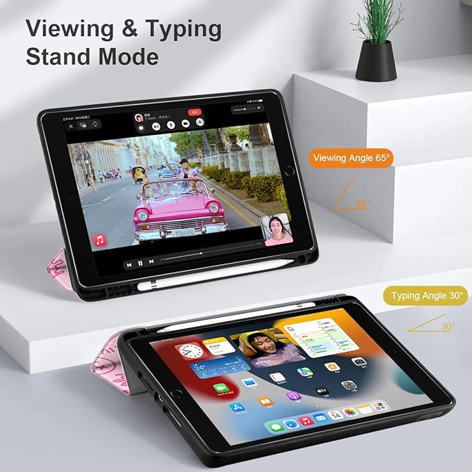DONGKE Case Compatible with iPad 10.2 Inch 2021 2020 2019 iPad 9th/8th/7th Generation with Pencil Holder, Slim Stand Protective Case with Soft TPU Back, Auto Sleep/Wake Cover, Melting Faces