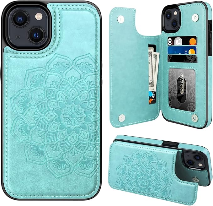 MMHUO for iPhone 15 Plus Case with Card Holder,Flower Magnetic Buttons Protective Wallet Case for Women for iPhone 15 Plus,Mint