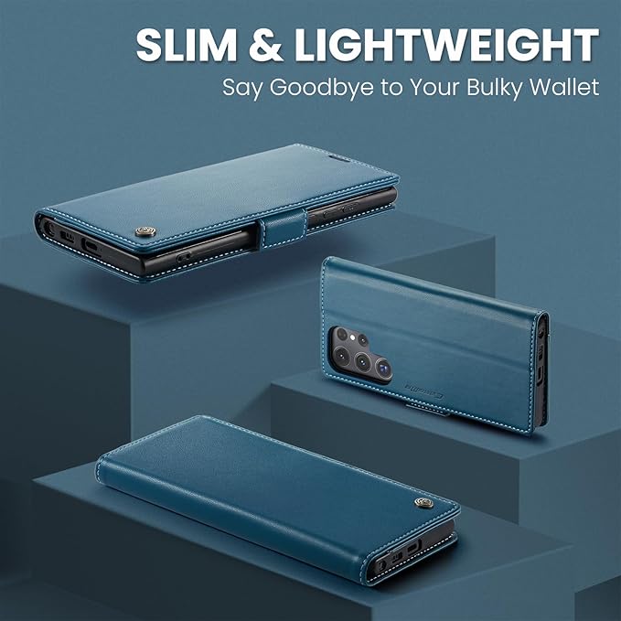 AUPAI for Samsung Galaxy S25 Ultra Wallet Case with Credit Card Holder, PU Leather RFID Blocking Folio Flip Kickstand Magnetic Clasp Protective Phone Cover for Women Men Blue