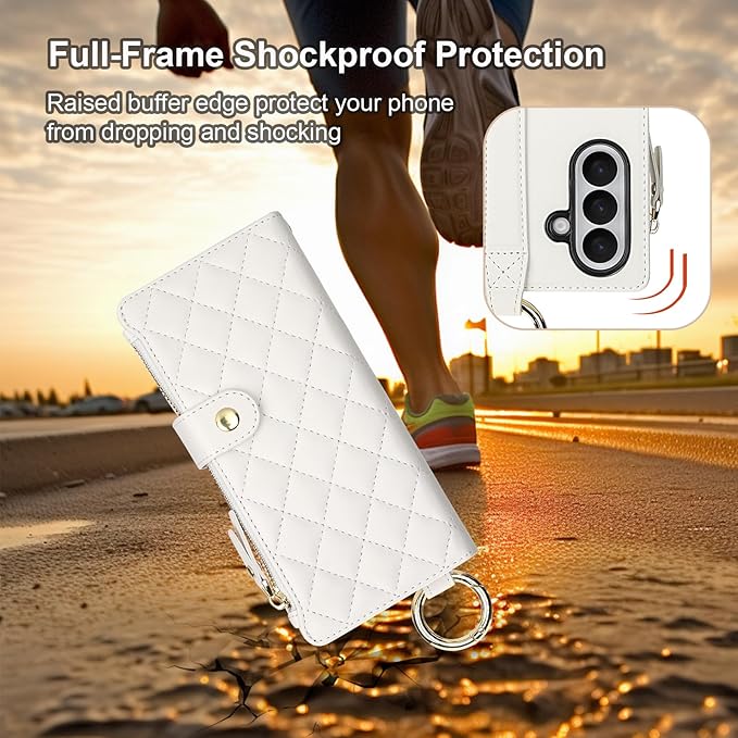 KIHUWEY for Galaxy Z Fold 7 Wallet Case with Card Holder Premium Leather Magnetic RFID Blocking Shockproof Zipper Wrist Strap Lanyard Cover for Samsung Galaxy Z Fold 7 8.0 Inch (White)