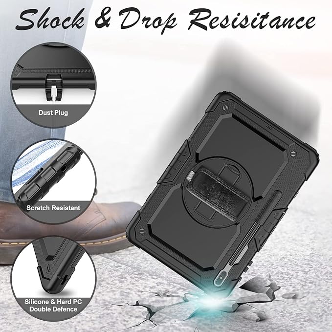 Case for Samsung Galaxy Tab S8 Plus 2022/S7 FE/S7 Plus 5G 12.4-inch Tablet Case Protective [with Screen Protector], Rotatable Kickstand, S Pen Holder, Hand/Shoulder Strap (Black)