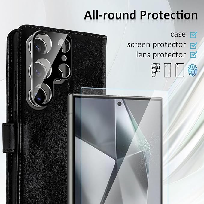 MONASAY Wallet Case Fit for Samsung Galaxy S24 Ultra 5G，[Lens & Glass Screen Protector] [RFID Blocking] Flip Folio Leather Cell Phone Cover with Credit Card Holder, 6.8 inch, Black