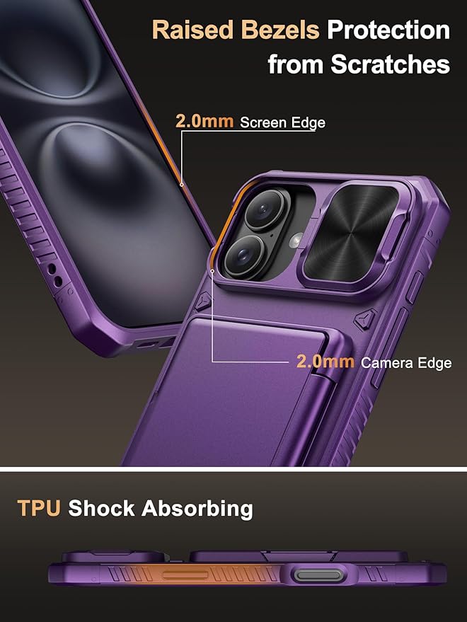 Vihibii for iPhone 16 Plus Case Wallet with Card Holder (4 Cards) [RFID Blocking] & Slide Camera Cover, Military Grade Drop Protection, Hard Back & Silicone Edge Phone Cover, 6.7" 2024, Dark Purple