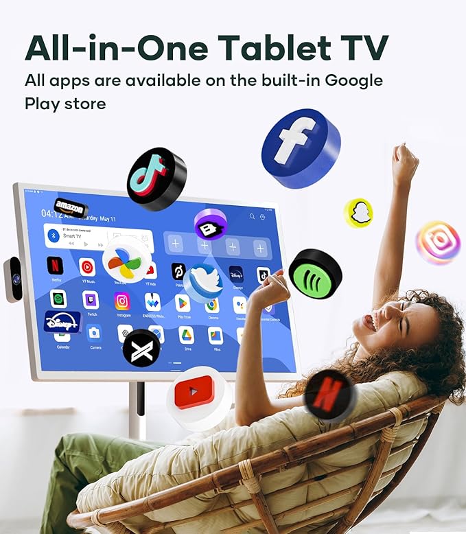 32 Inch Mobile Portable TV Stand on Wheels Support Google Store Full Swivel Rotation Portable Touch Screen Monitor Built-in Battery Smart Rolling Tablet TV 4K Camera Remote Control White