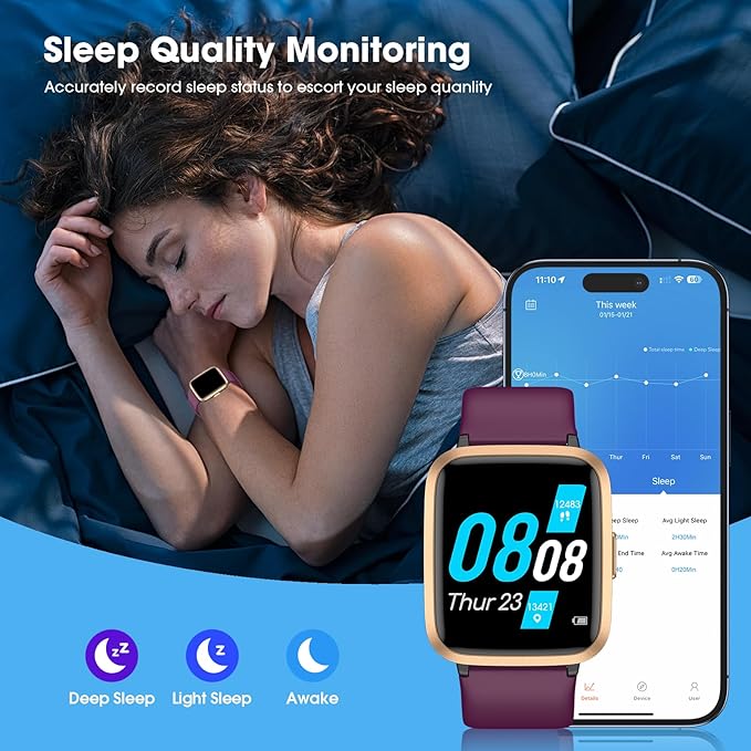 Fitness Tracker, Fitness Watch with Blood Oxygen, Blood Pressure & Heart Rate Monitor, Steps Calories Counter, Sleep Monitor, Pedometer 50 Meters Waterproof, Smart Watch for Android iPhones