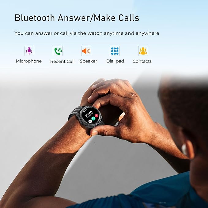 VIRAN Smart Watches for Men, 1.43'' AMOLED Fitness Watch with Pedometer and Heart Rate/Sleep/BP/Spo2 Monitor, Military Smart Watch for Android Phones and iPhone Compatible, 120+ Sports Modes (Black)