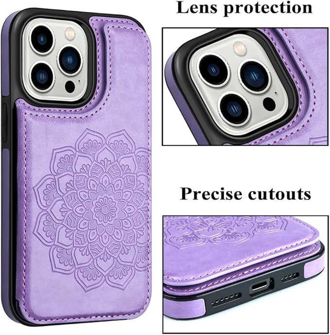 MMHUO for iPhone 14 Pro Case with Card Holder,Flower Magnetic Buttons Protective Wallet Case for Women for iPhone 14 Pro,Purple