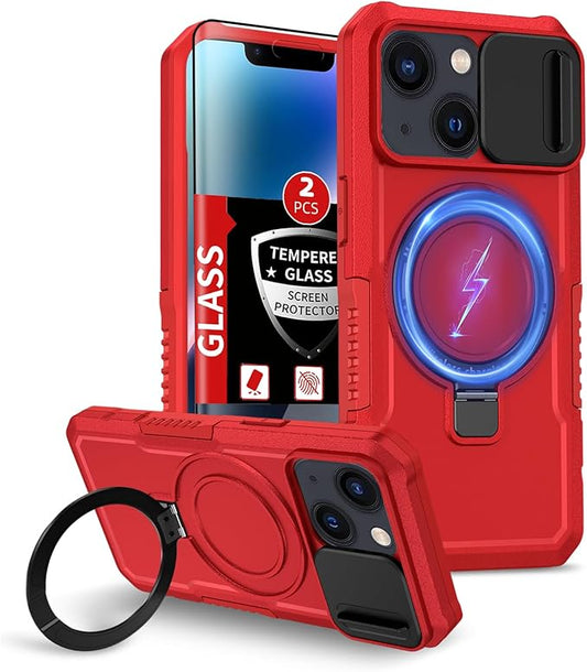 for iPhone 13 Case/for iPhone 14 Case Magnetic Compatible with MagSafe Wireless Charging,with 2 Screen Protectors,with Kickstand,with Camera Cover Shock-Absorbent Heavy Duty Protection Red