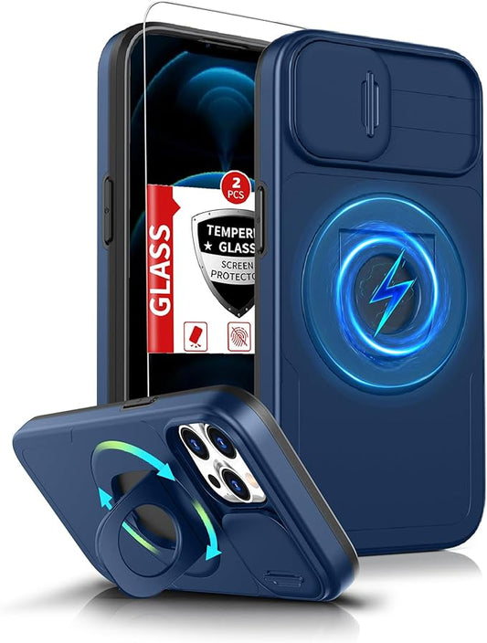 TRRYH for iPhone 12 Case & for iPhone 12Pro Case Magnetic Compatible with MagSafe Wireless Charging with 2 Screen Protectors,with Kickstand & Camera Cover,Military Grade Heavy Duty Protection Blue