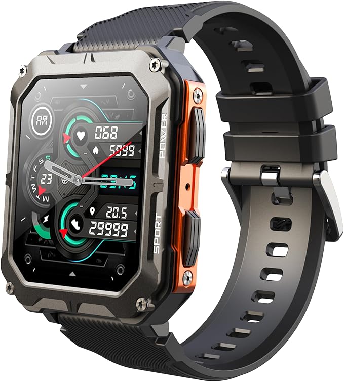 Gravity C20 Pro 1.83" Rugged Smartwatch, IP68 Waterproof, Bluetooth Call, AI Voice, 100+ Sports Modes, Heart Rate & Sleep Monitoring, Shockproof, Fitness Tracker for iOS & Android (Orange)