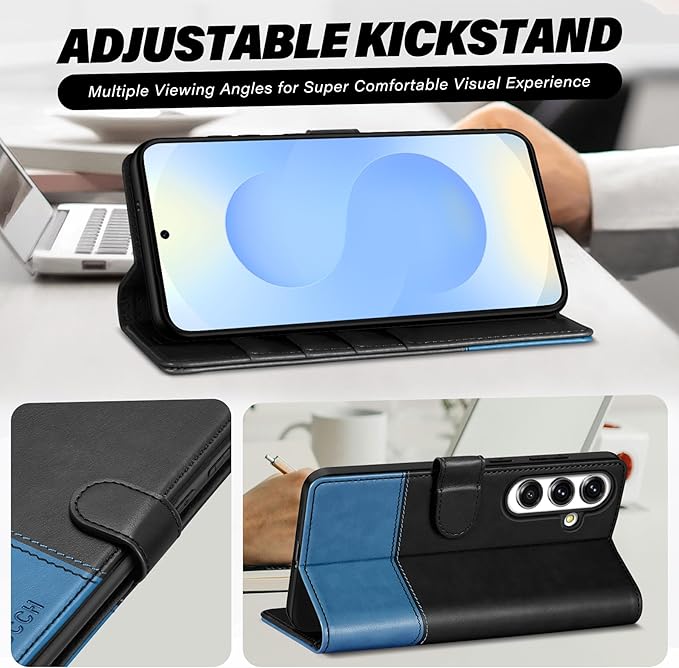 TUCCH Wallet Case for Galaxy S25 FE, Magnetic PU Leather Stand [RFID Blocking] 4 Credit Card Holder Flip Cover with [TPU Shockproof Interior Shell] (6.7") 2025, Black & Light Blue