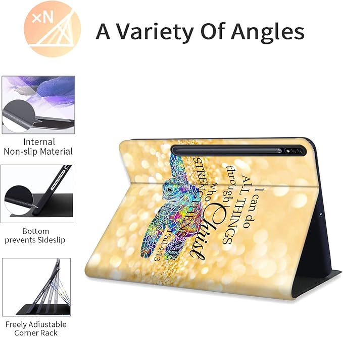 Case for Samsung Galaxy Tab S7 FE 2021/Galaxy Tab S8 Plus 2022/Tab S8+/S7 Plus 2020 12.4 inch,PU Leather Folding Stand Protective Tablet Cover with Auto Wake/Sleep,Yellow Shining Turtle