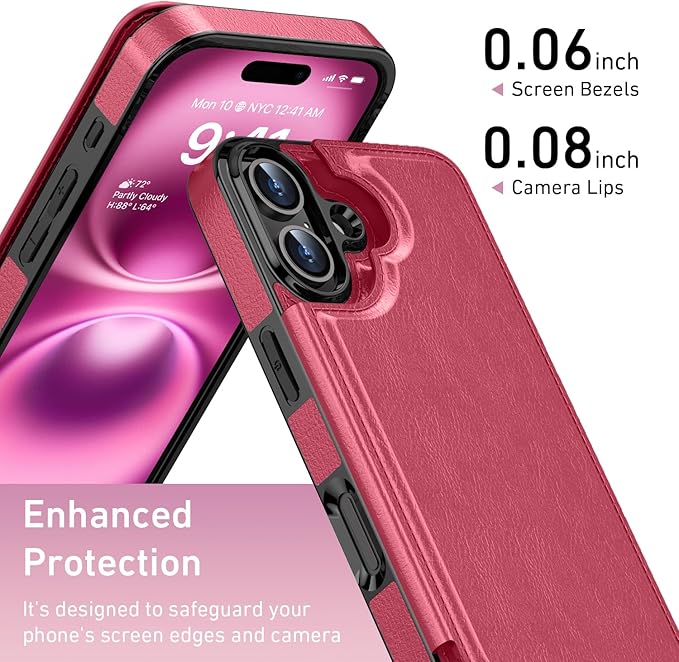 FUNMIKO for iPhone 16 Plus Wallet Case with Card Holder, RFID-Blocking, Military-Grade Protection & UV-Printed Artwork, Magnetic Closure with Leather Kickstand - Hot Pink