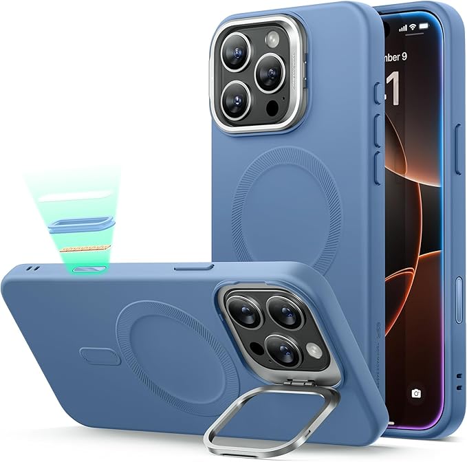 ESR for iPhone 16 Pro Max Case, Silicone Case with Stand, Compatible with MagSafe, Built-in Camera Stash Stand, Magnetic Phone Case for iPhone 16 Pro Max, Cloud Series, Light Blue
