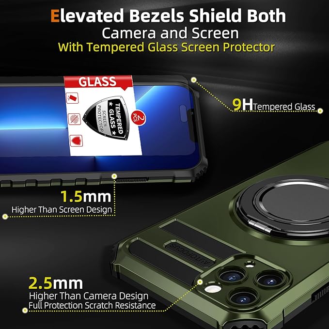 for iPhone 13 Pro Max Case Magnetic Compatible with Wireless Charging,13 ProMax Case with 2 Screen Protectors,Built-in Kickstand Ring Military Grade Drop Shockproof Heavy Duty Protection Green