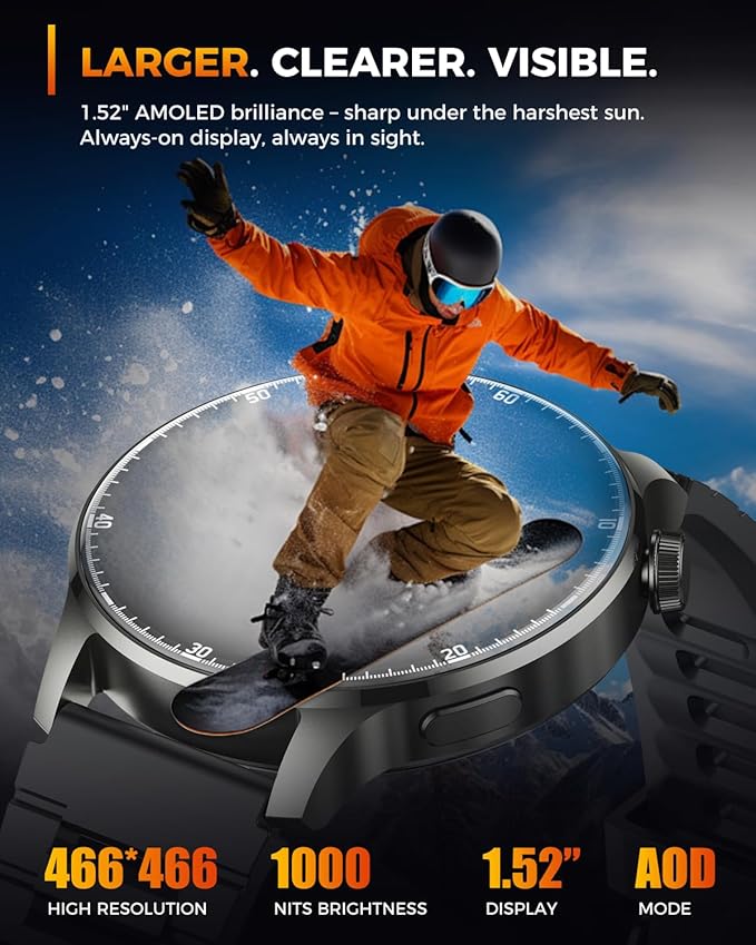 Smart Watches for Men Women with GPS & Compass, 1.52" AMOLED Smartwatch, Fitness Activity Tracker Watches with 170+ Sport Modes Sleep Monitor Step Counter for Android iPhone (Black, 1.52)