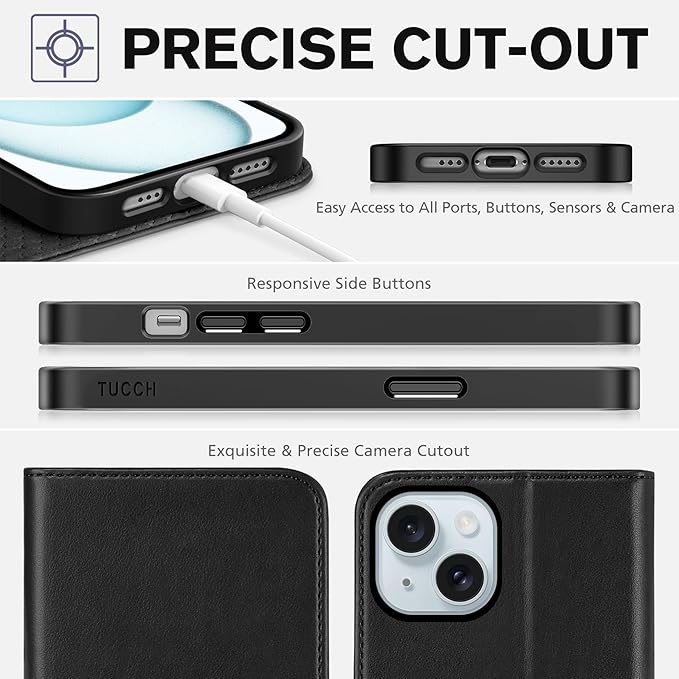 TUCCH Case Wallet for iPhone 15 6.1", [3 Card Slots] Kickstand PU Leather [RFID Blocking] Case, Flip Folio Cover with [TPU Shockproof Interior Shell] Compatible with iPhone 15 5G 2023, Classic Black