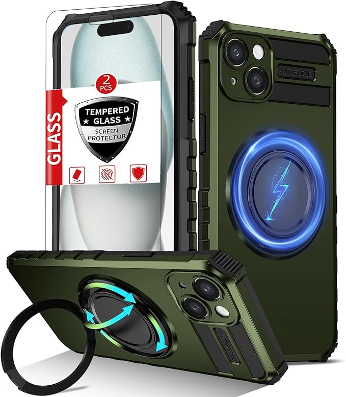 for iPhone 15 Case Compatible with MagSafe Magnetic,with 2 Tempered Glass Screen Protectors,Built-in 360°Kickstand Ring,Military Grade Drop Shockproof Heavy Duty Protection Phone Bumper Green