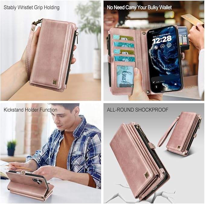 for iPhone 17 Wallet Phone Case with 7 Card Holder,RFID Blocking | PU Leather | Kickstand | Flip | Wrist Strap&Shoulder Strap | Shockproof | Zipper Wallet | Women Men | 6.3" | Rose Gold
