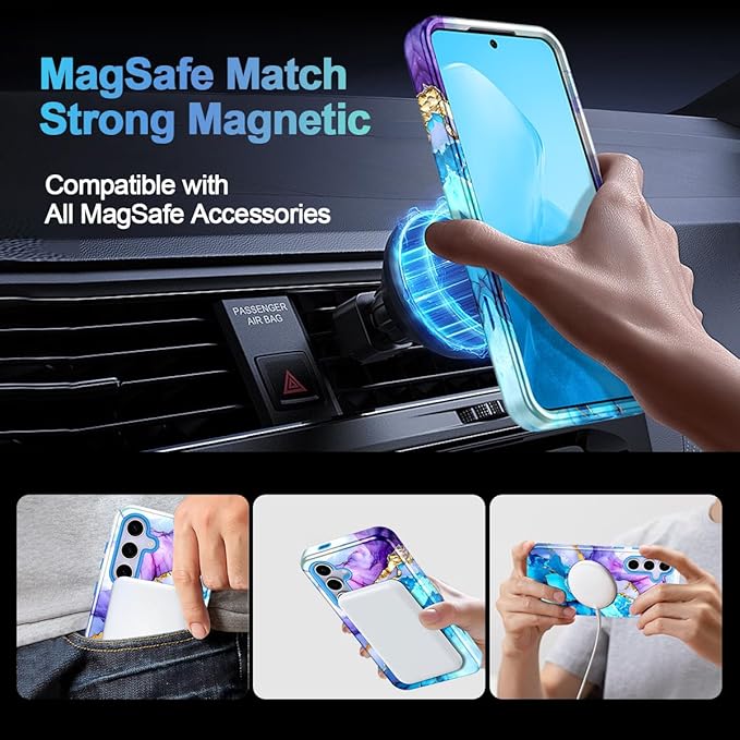 Casetego for Galaxy S25 FE Case,Compatible with MagSafe,[Military Grade Drop Test] Full Body Protection Slim Shockproof Rugged Marble Women Case for Samsung Galaxy S25 FE 6.7 inch,Azure Blue