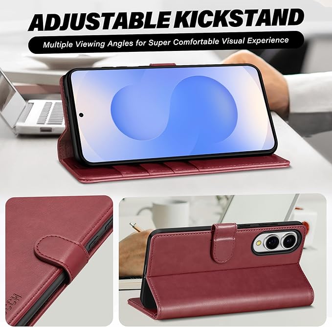 TUCCH Wallet Case for Galaxy S25 Edge, Magnetic Kickstand RFID Blocking [4 Card Slots] Folio PU Leather Protective Flip Cover with TPU Shockproof Inner Case Compatible with Galaxy S25 Edge, Dark Red