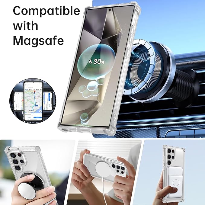 for Samsung Galaxy S24 Ultra Case Compatible with Magnetic Wireless Charging with Screen Protectors, S24 Ultra Case Built-in Kickstand Ring Military Grade Drop Protection Shockproof Clear
