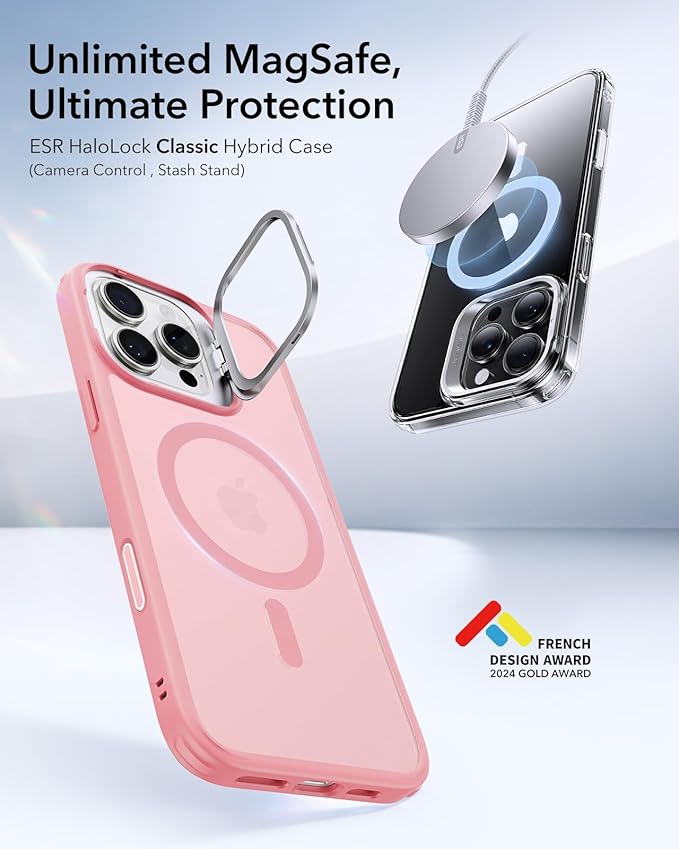 ESR for iPhone 16 Pro Case,Camera Control Button Compatible with MagSafe, Military-Grade Protective Case, Built-in Stash Stand Phone Case, Scratch-Resistant Back Cover, Classic Series, Frosted Pink