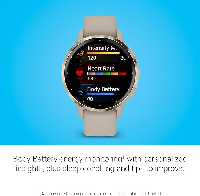 Garmin Venu 3S Soft Gold Stainless Steel Bezel 1.2-Inch AMOLED Touchscreen Display Smart Watch with 41mm French Gray Case and Silicone Band