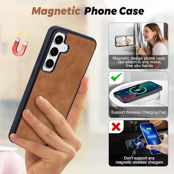 TwoHead for Samsung Galaxy S24 Wallet Case with Card Holder,Detachable Magnetic Phone Case for Galaxy S24,PU Leather Shockproof Protective Phone Cover Wallet with Wrist Strap(6.1 in,Brown)