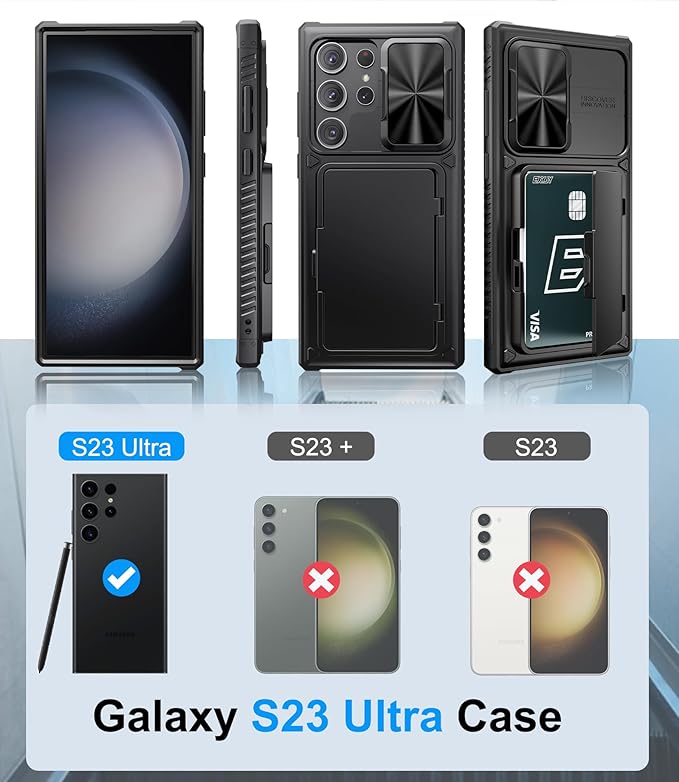 for Samsung Galaxy S23 Ultra Case with Card Holder & Kickstand & Slide Camera Protector, Military Grade Drop Shockproof Silicone Wallet Phone Case Cover for Galaxy S23 Ultra 5g 2023, Black