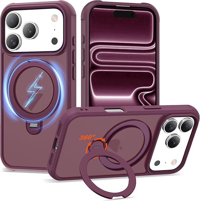 Compatible with iPhone 17 Pro Case with Invisible Magnetic 360°Spin Stand,Military-Grade Shockproof Protection [Compatible with Mag-Safe] Non-Slip Edge Translucent Case (6.3",Wine Red)