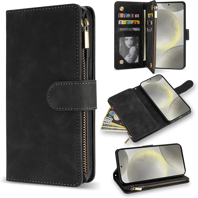 ZZXX for Samsung Galaxy S24 Wallet Case with RFID Blocking Card Slot PU Leather Zipper Flip Folio with Strap Kickstand Protective Cover for Samsung Galaxy S24 Case Wallet(Black-6.2 inch)